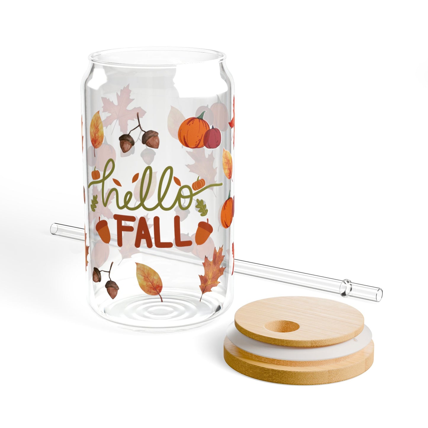Close-up of fall season sipper glass print – autumn design on reusable bottle