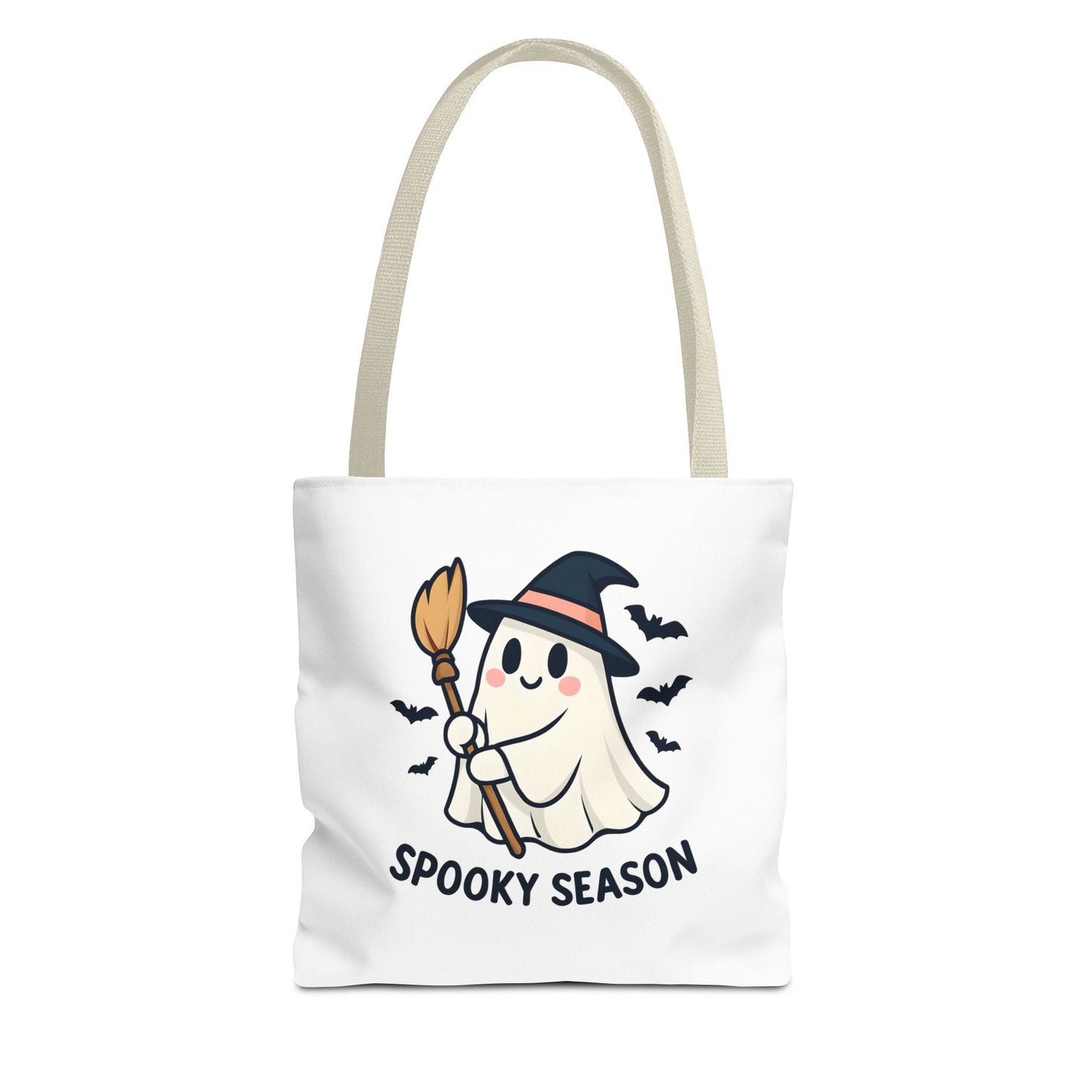 Tote bag with a ghost holding a broom and 'Spooky Season' text on a white background - beige handles