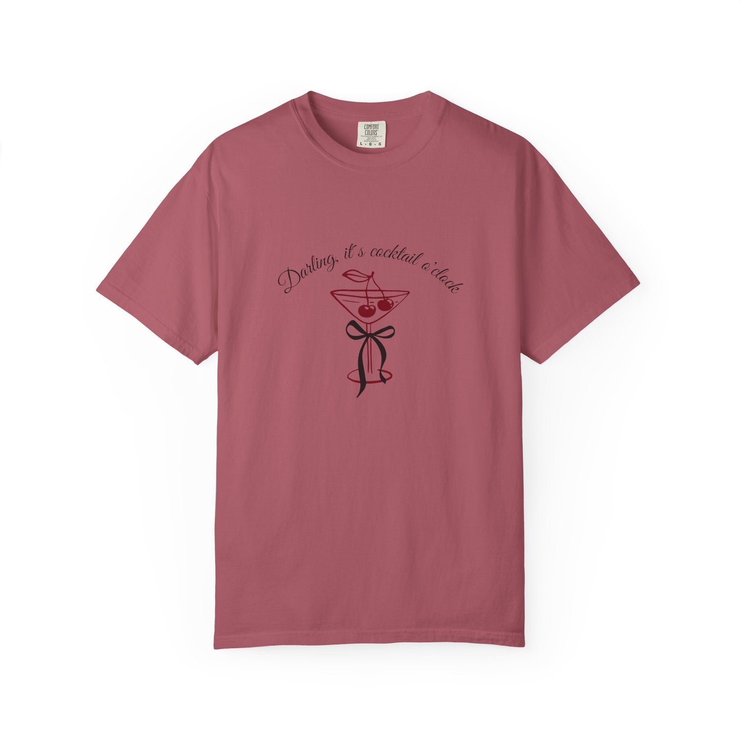 Crimson t-shirt with a graphic design and text on a white background