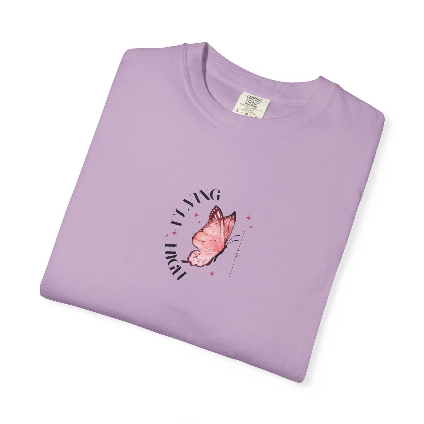 Folded Purple butterfly graphic t-shirt, nature-inspired casual summer tee.