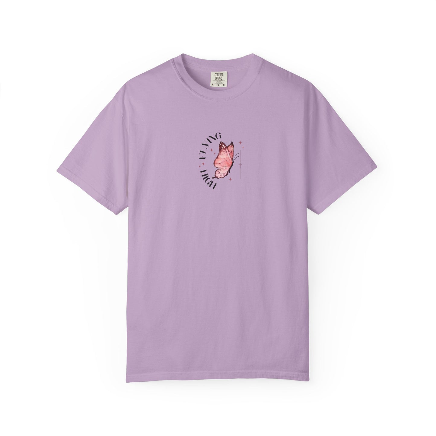 Purple cotton t-shirt with butterfly design, whimsical fashion style.
