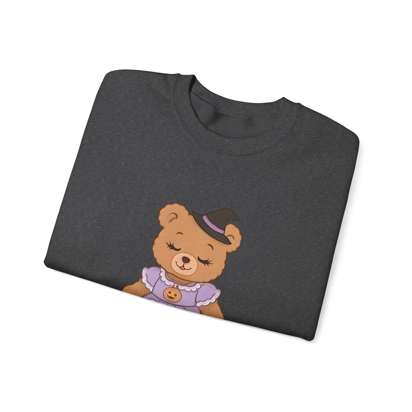 Folded dark gray t-shirt with a teddy bear design on a white background