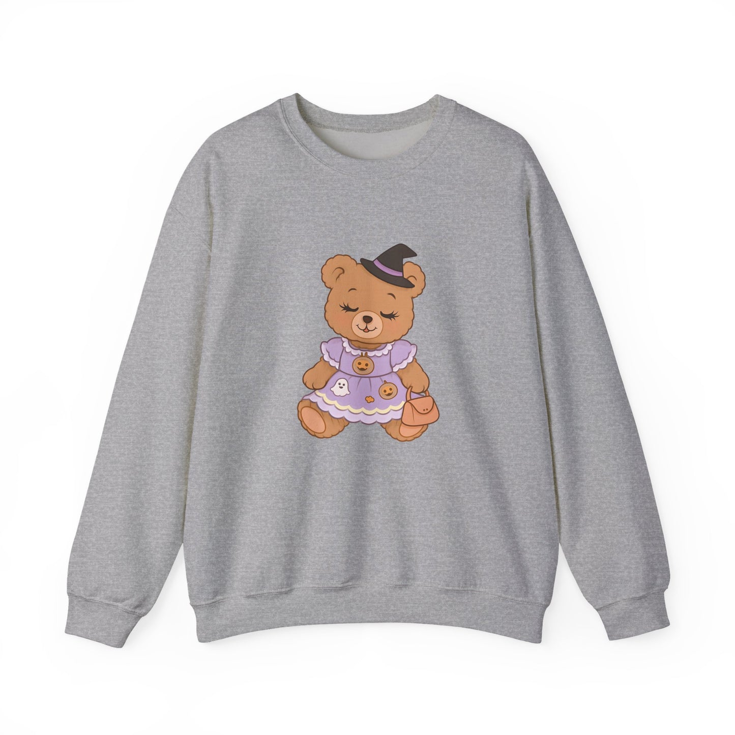 Gray sweatshirt with a teddy bear graphic on a white background
