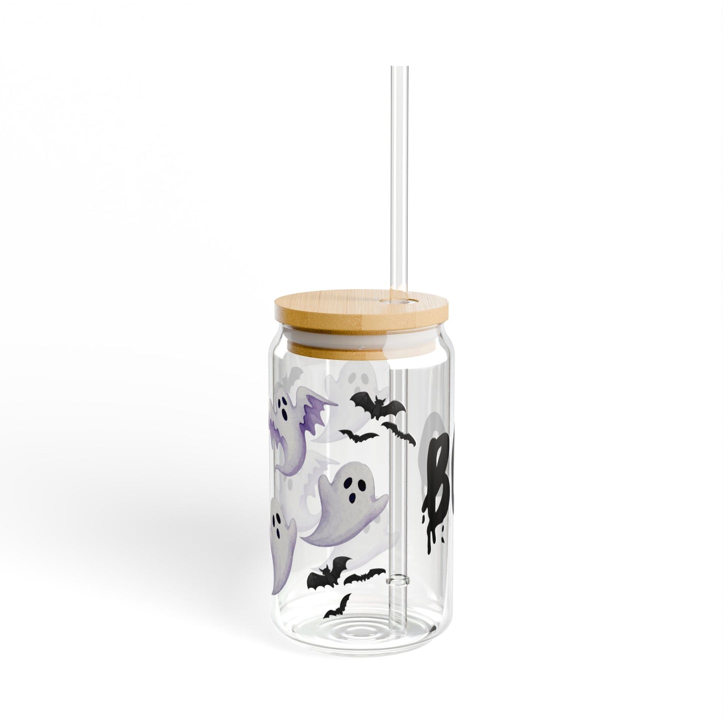 Back view of Halloween sipper glass – reusable bottle with seasonal print