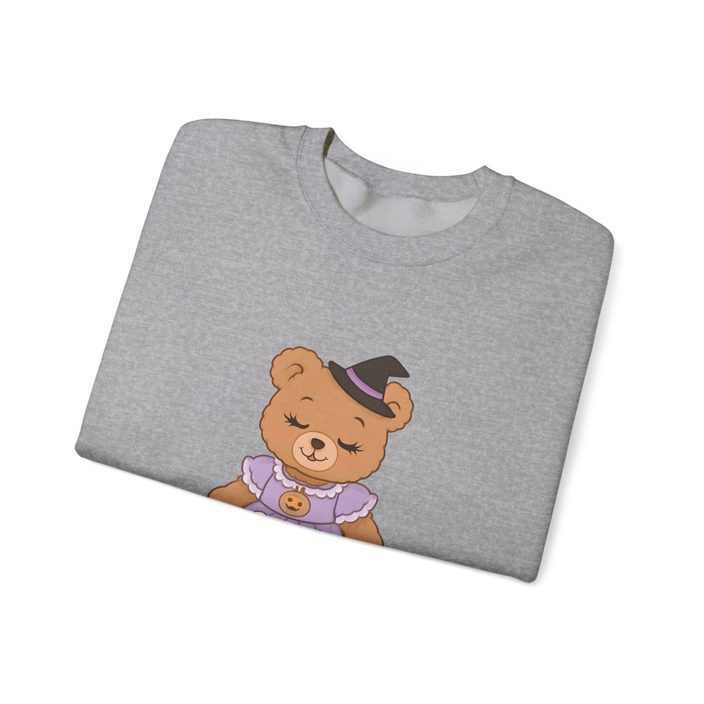 Folded gray t-shirt with a teddy bear design on a white background