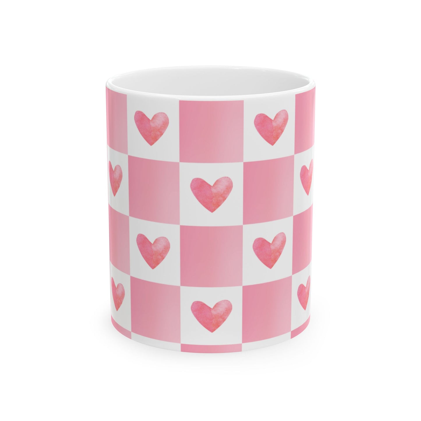 Pink ceramic mug with white heart pattern – romantic coffee cup