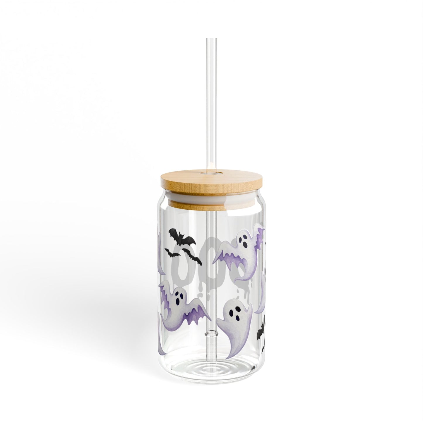 Back view of Halloween sipper glass – reusable bottle with seasonal print