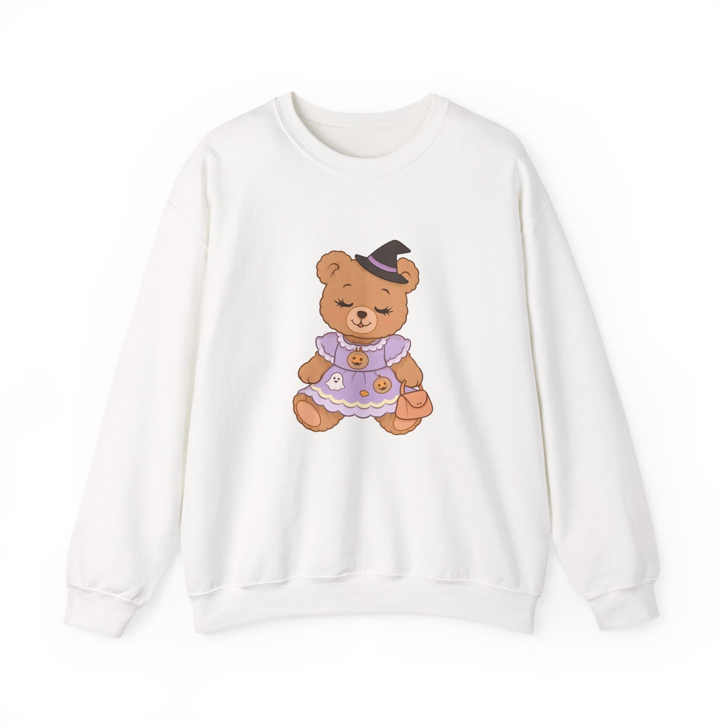 White sweatshirt with a teddy bear graphic on a white background