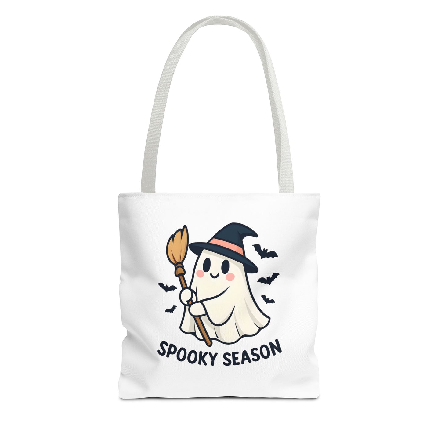 Tote bag with a ghost holding a broom and 'Spooky Season' text on a white background - white handles
