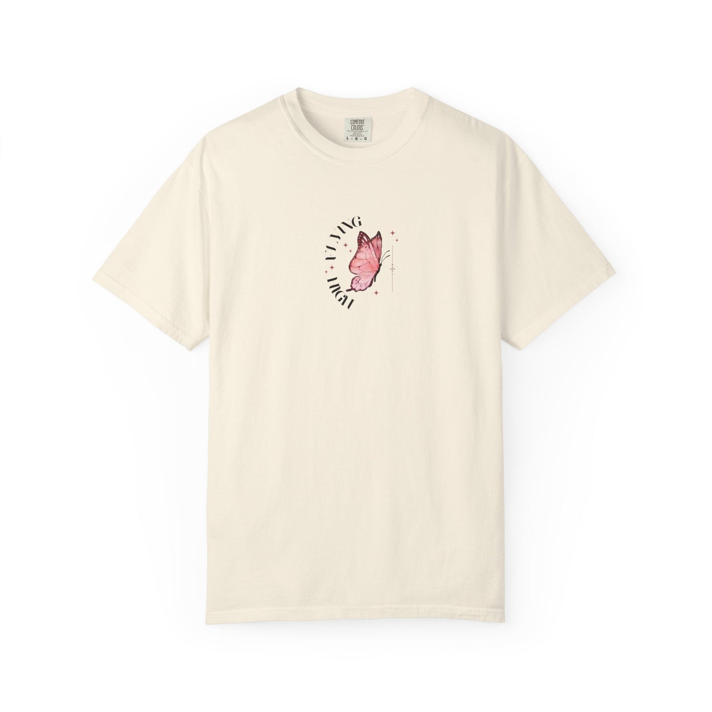 Ivory butterfly graphic t-shirt, nature-inspired casual summer tee.