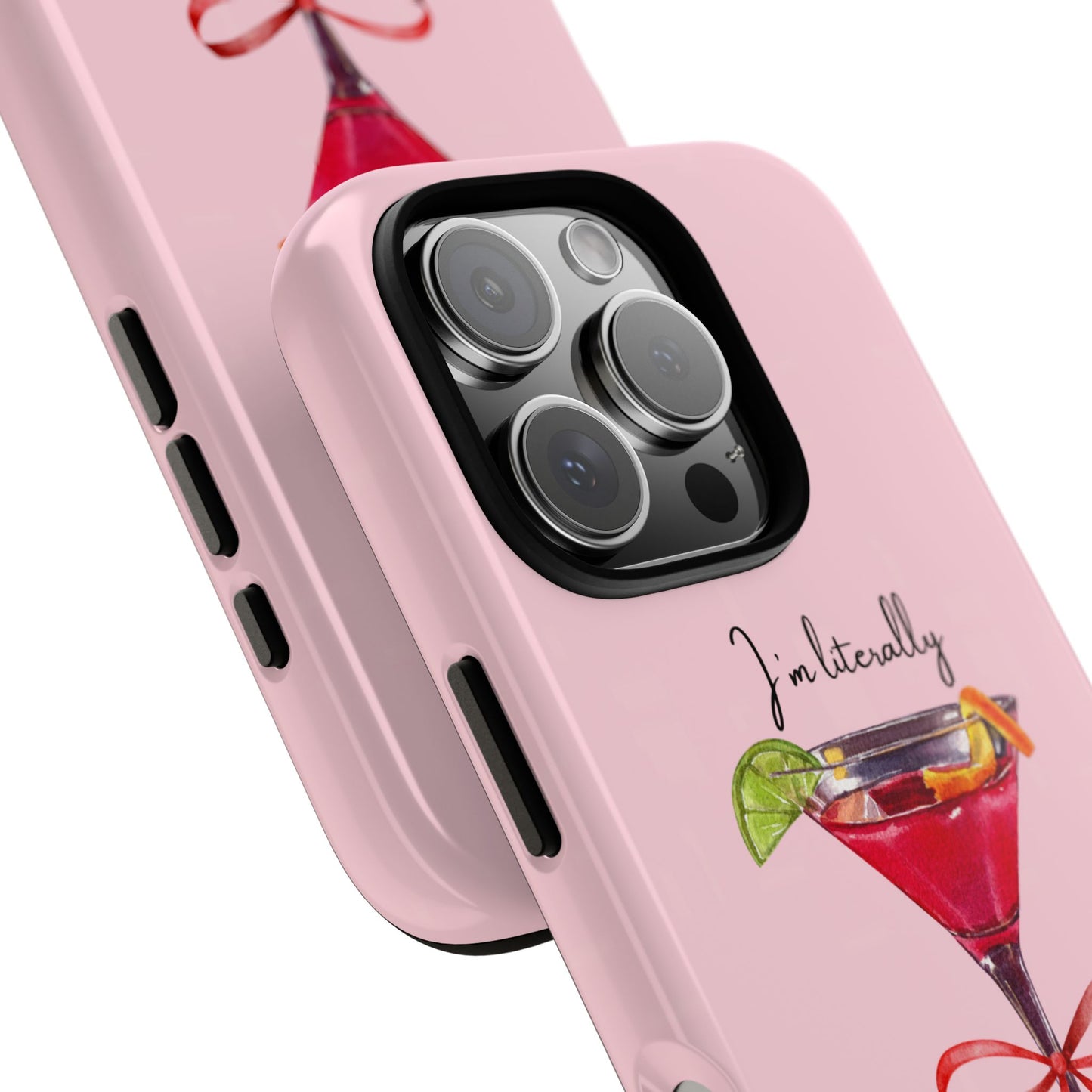 Trendy pink girl phone case with humorous quote and cocktail illustration, protective design.