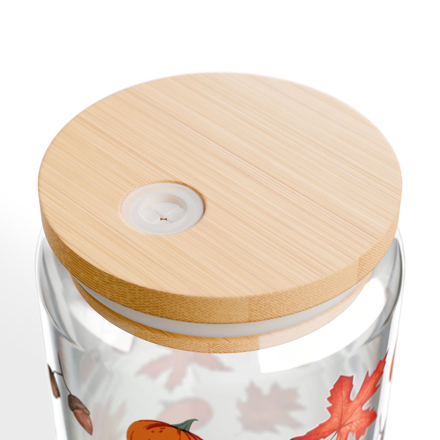 Close-up of fall season sipper glass print – autumn design on reusable bottle