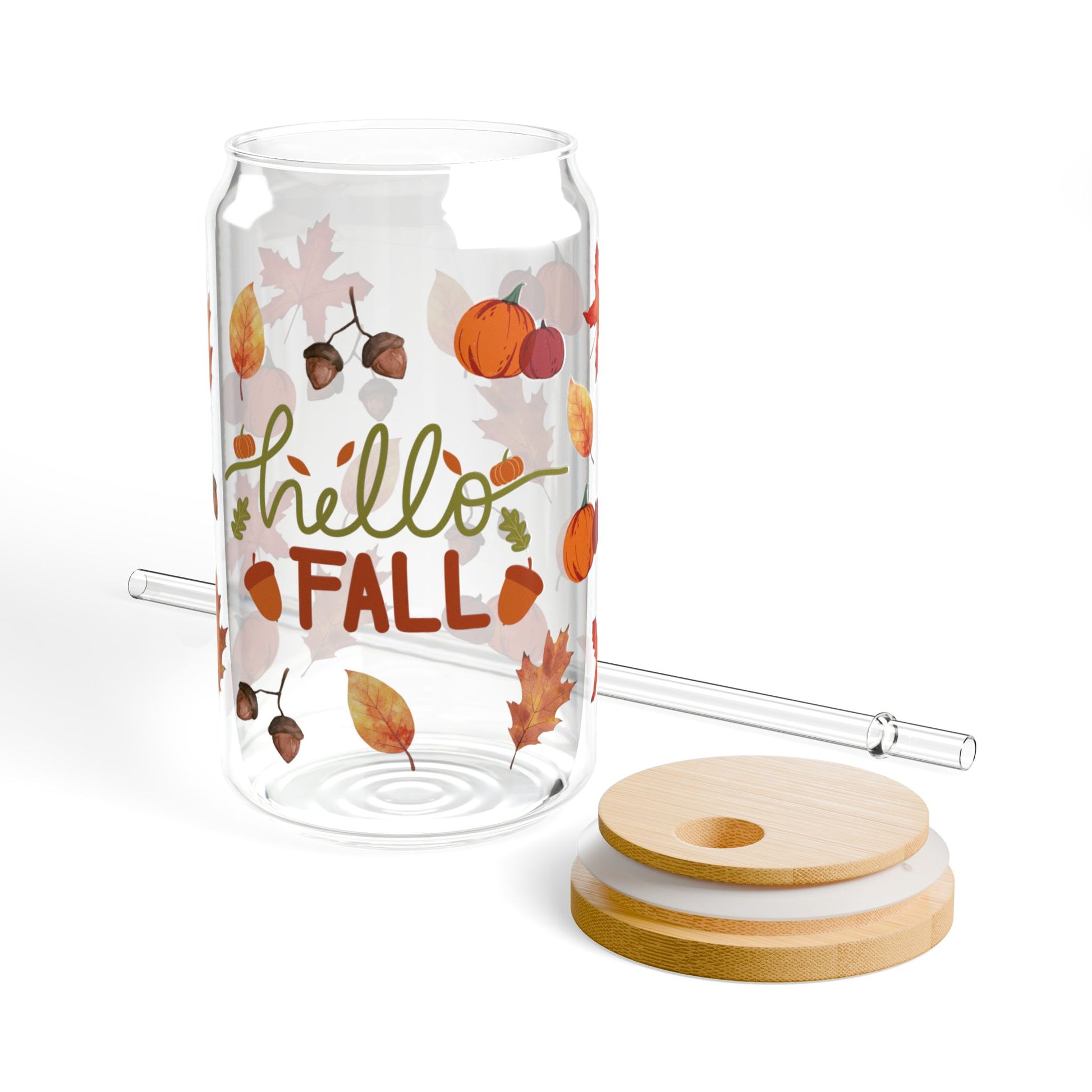 Close-up of fall season sipper glass print – autumn design on reusable bottle