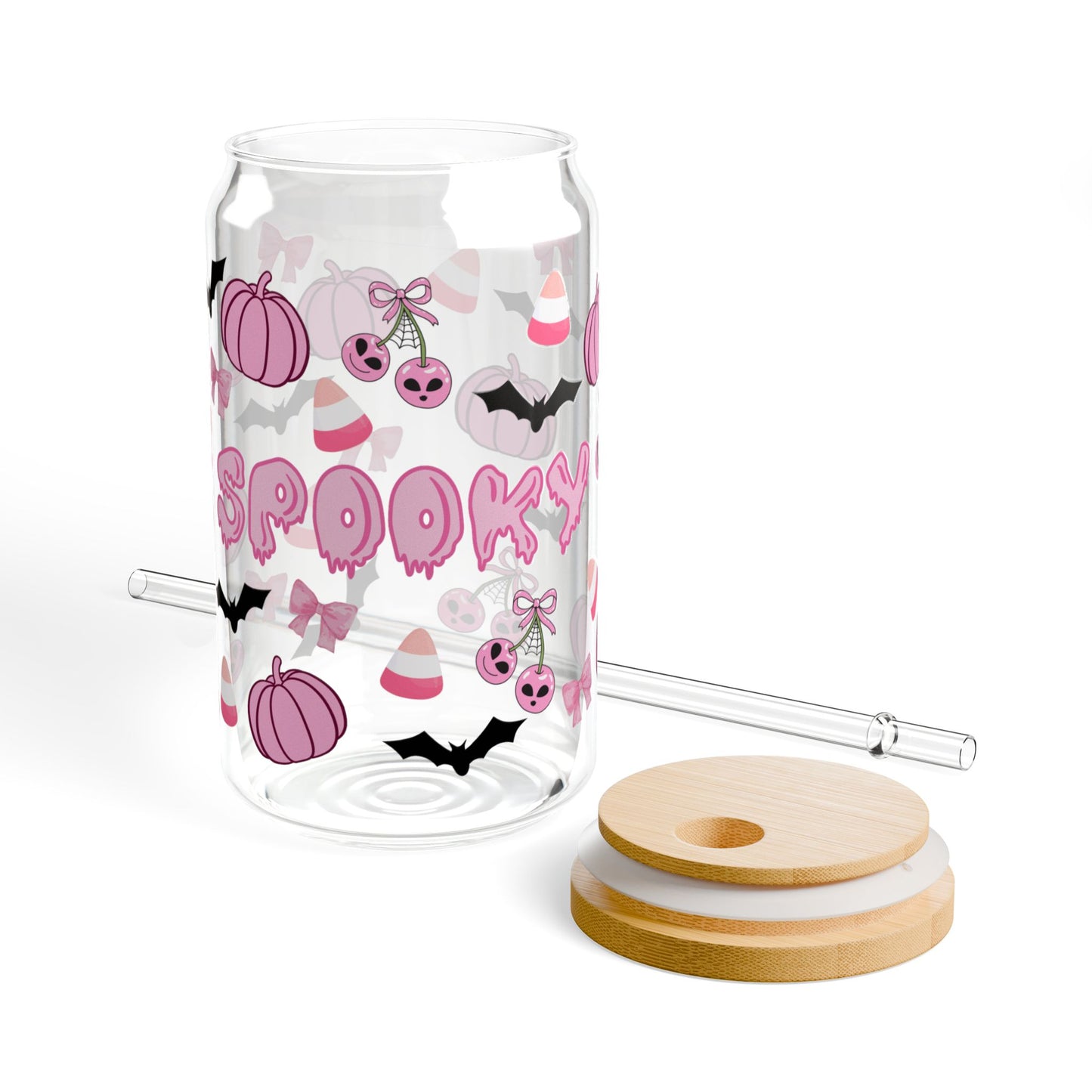 Close-up of spooky print on sipper glass