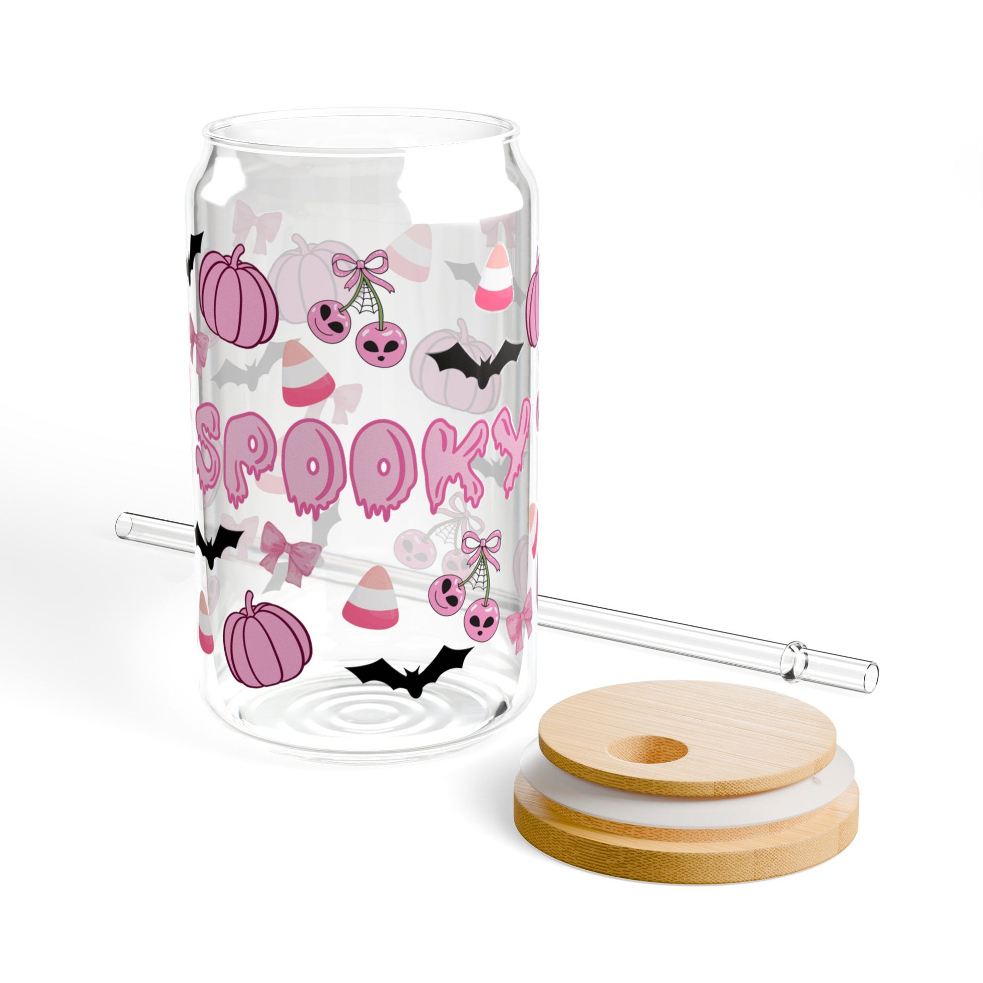 Close-up of spooky print on sipper glass