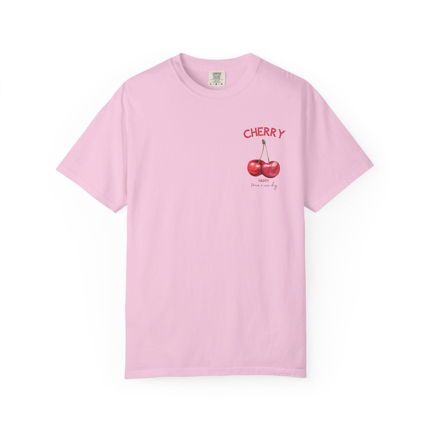 Blossom t-shirt with cherry fruit graphic design on the chest, cute summer outfit style.