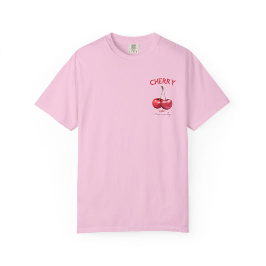 Blossom t-shirt with cherry fruit graphic design on the chest, cute summer outfit style.