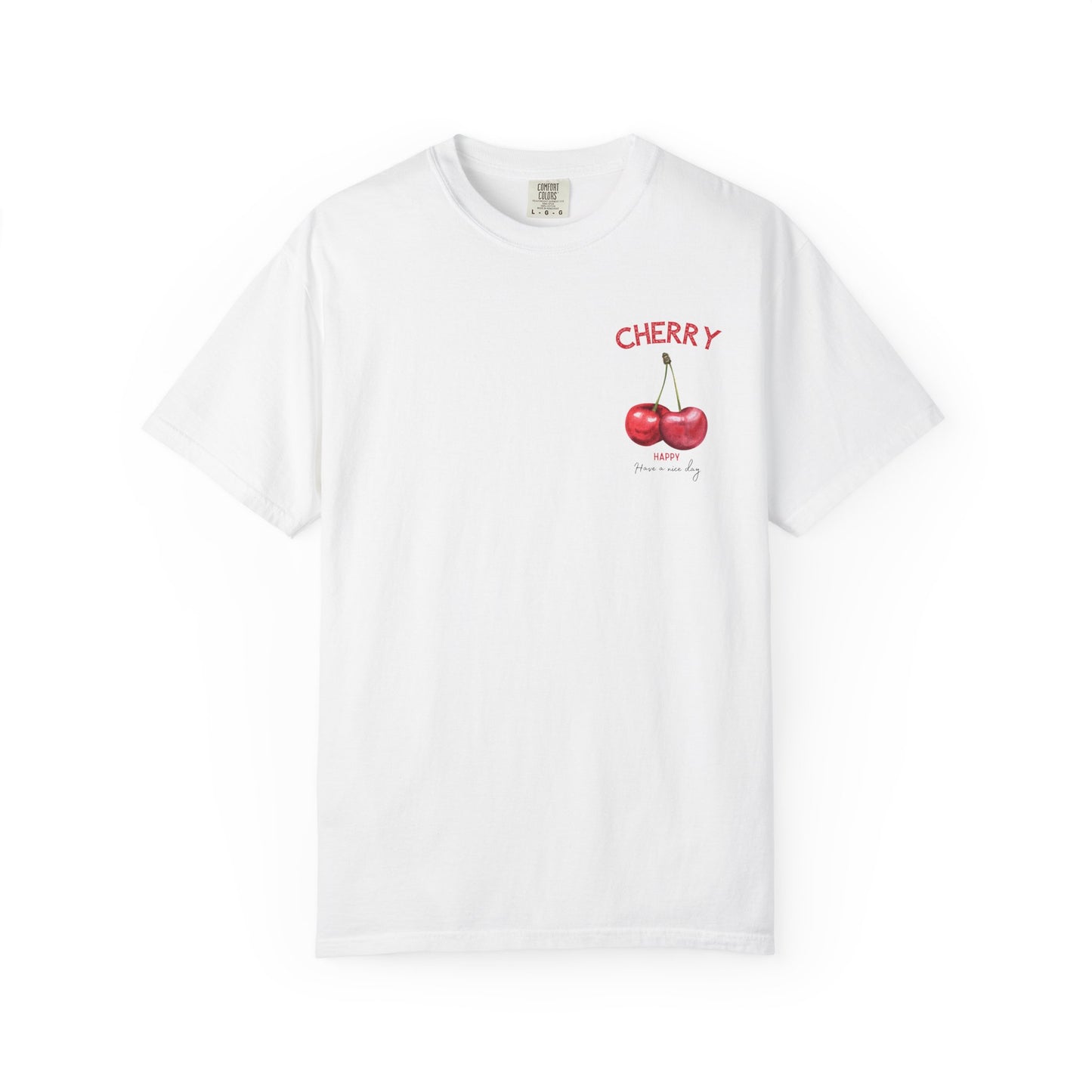 White cotton t-shirt with small cherry fruit graphic on the front, casual summer tee