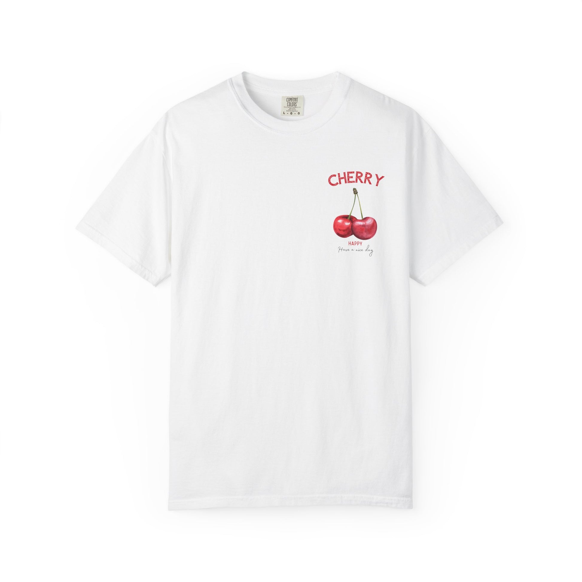 White cotton t-shirt with small cherry fruit graphic on the front, casual summer tee