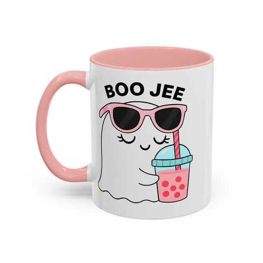 Mug with a ghost design, sunglasses, and 'BOO JEE' text on a white background - 11oz