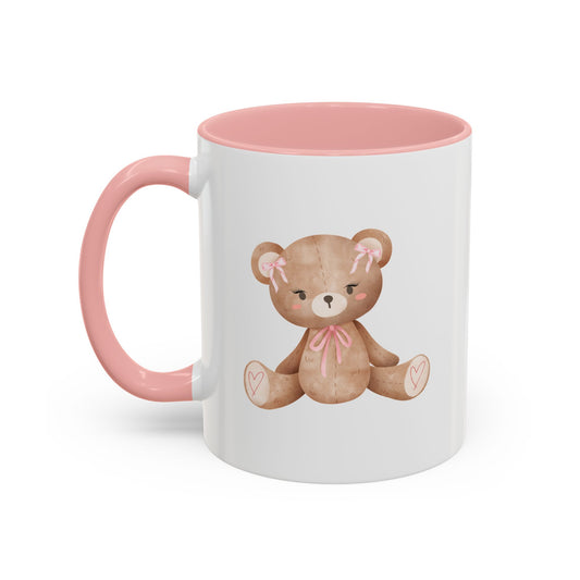 White mug with pink interior and handle, featuring a teddy bear design on a white background - 11oz