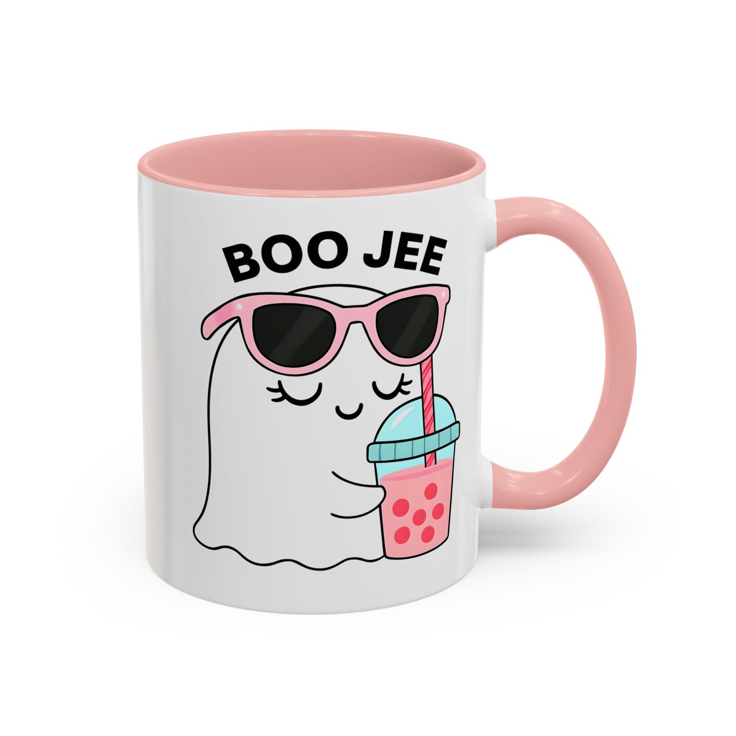 Mug with a ghost wearing sunglasses and a drink, and 'BOO JEE' text on a white background