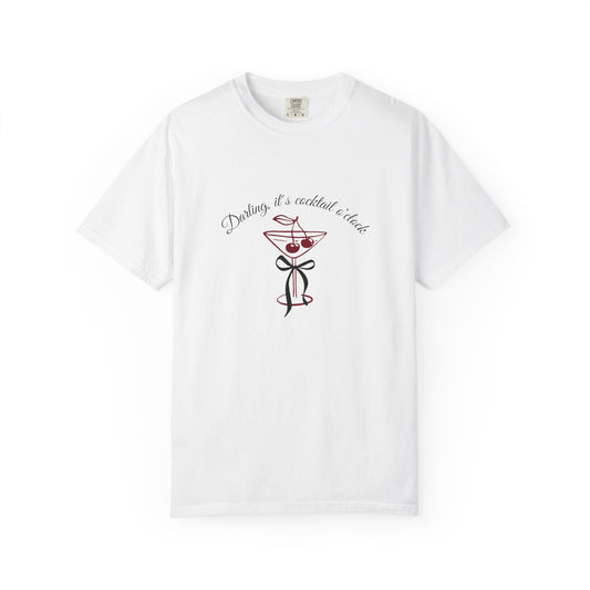 White t-shirt with a graphic design and text on a white background