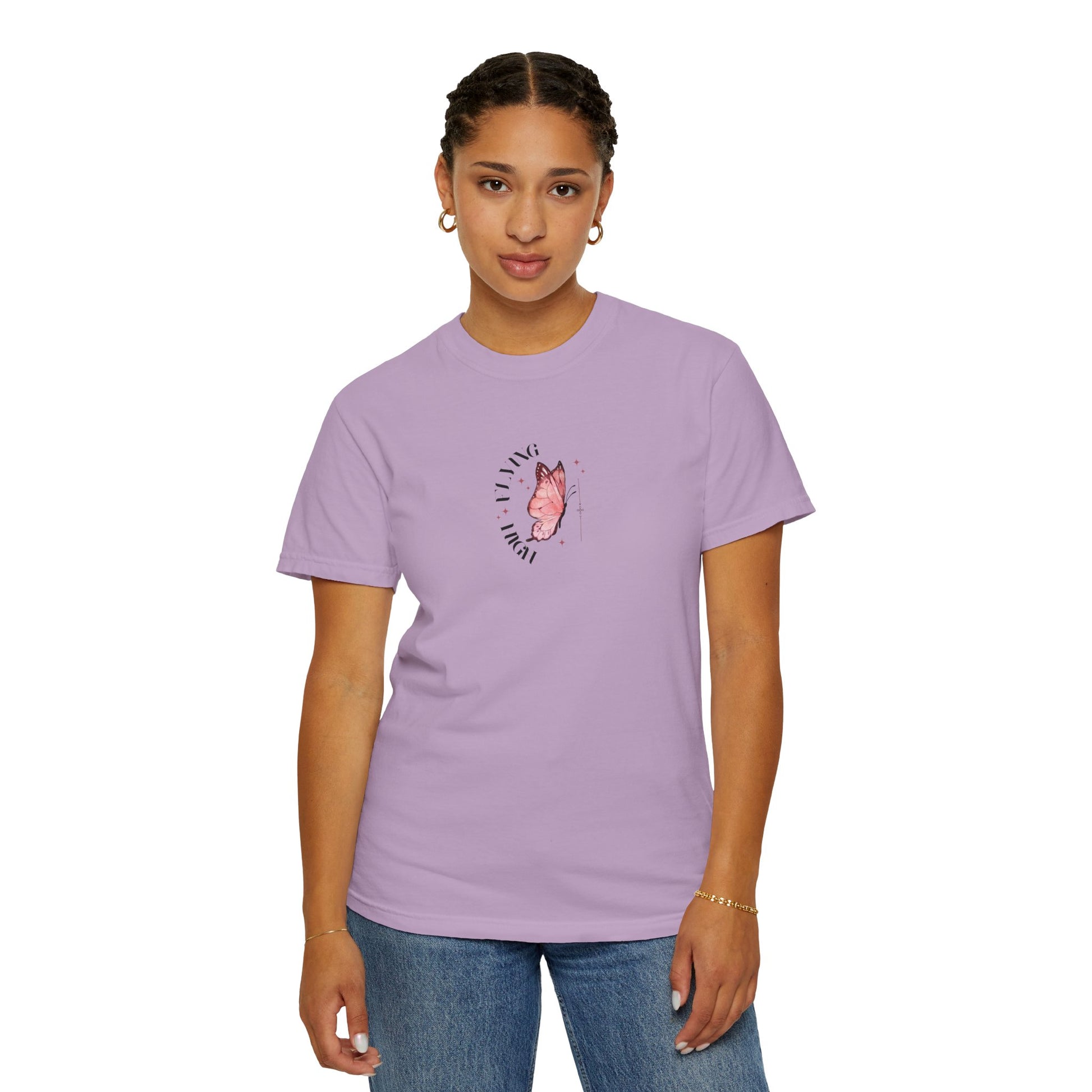 Women wearing Purple butterfly graphic t-shirt, nature-inspired casual summer tee.