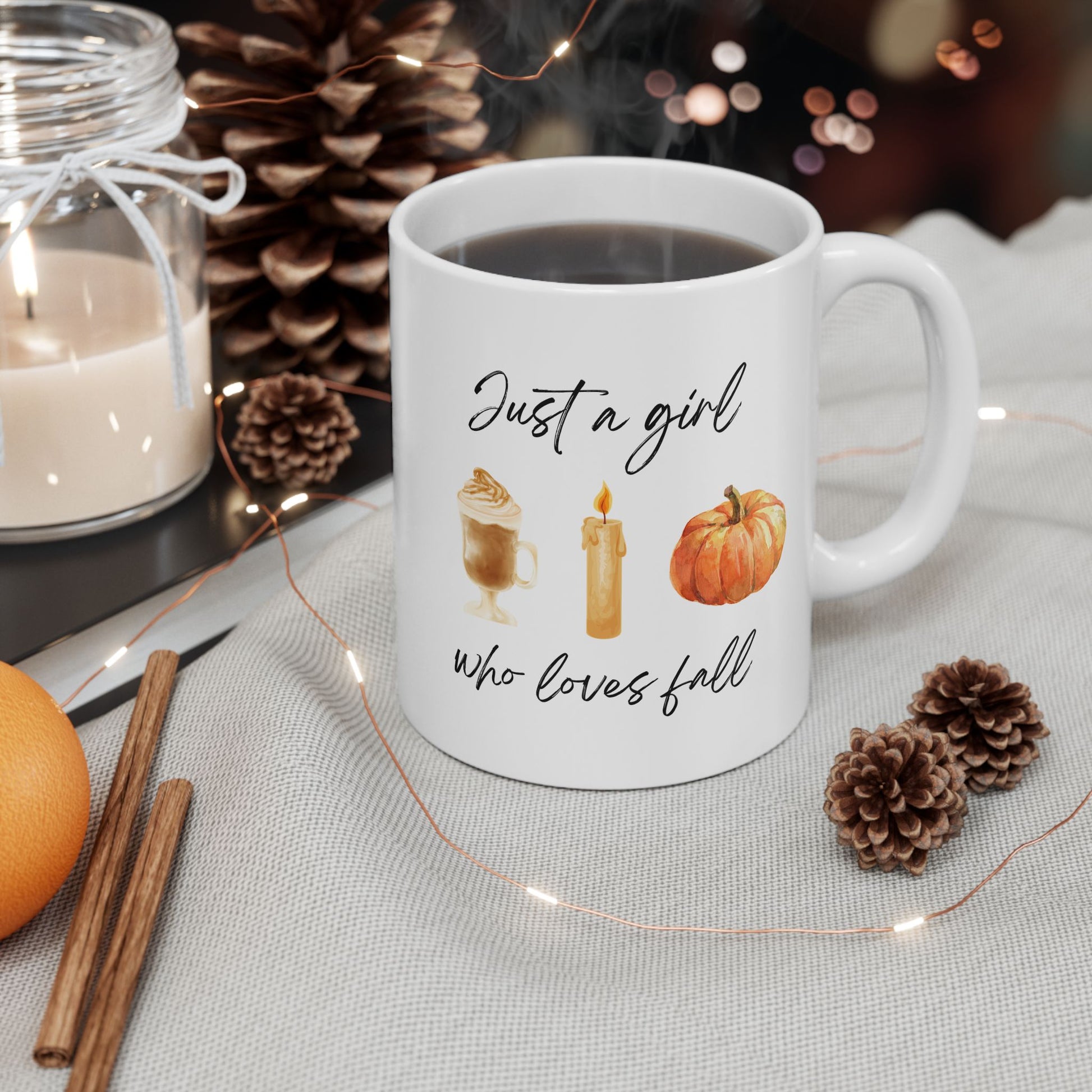 Fall lover ceramic mug on a cozy table setting – autumn vibe