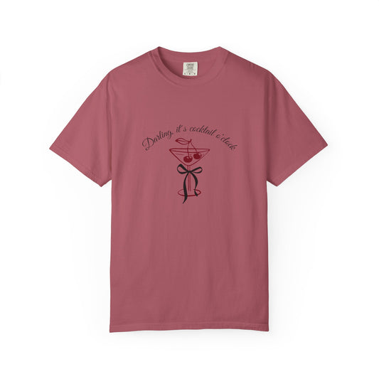 Crimson t-shirt with a graphic design and text on a white background