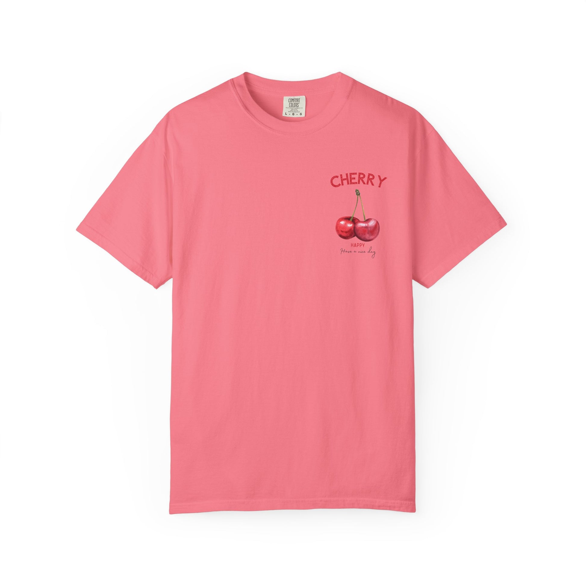 Peony t-shirt with cherry fruit graphic design on the chest, cute summer outfit style.