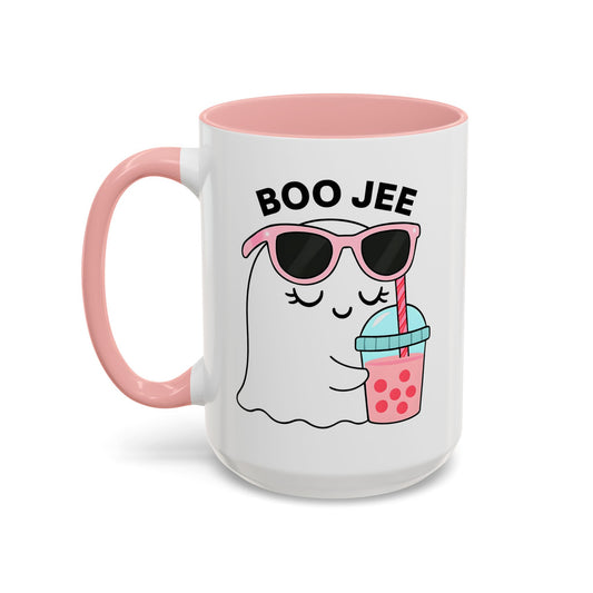 Mug with a ghost design, sunglasses, and 'BOO JEE' text on a white background - 15oz