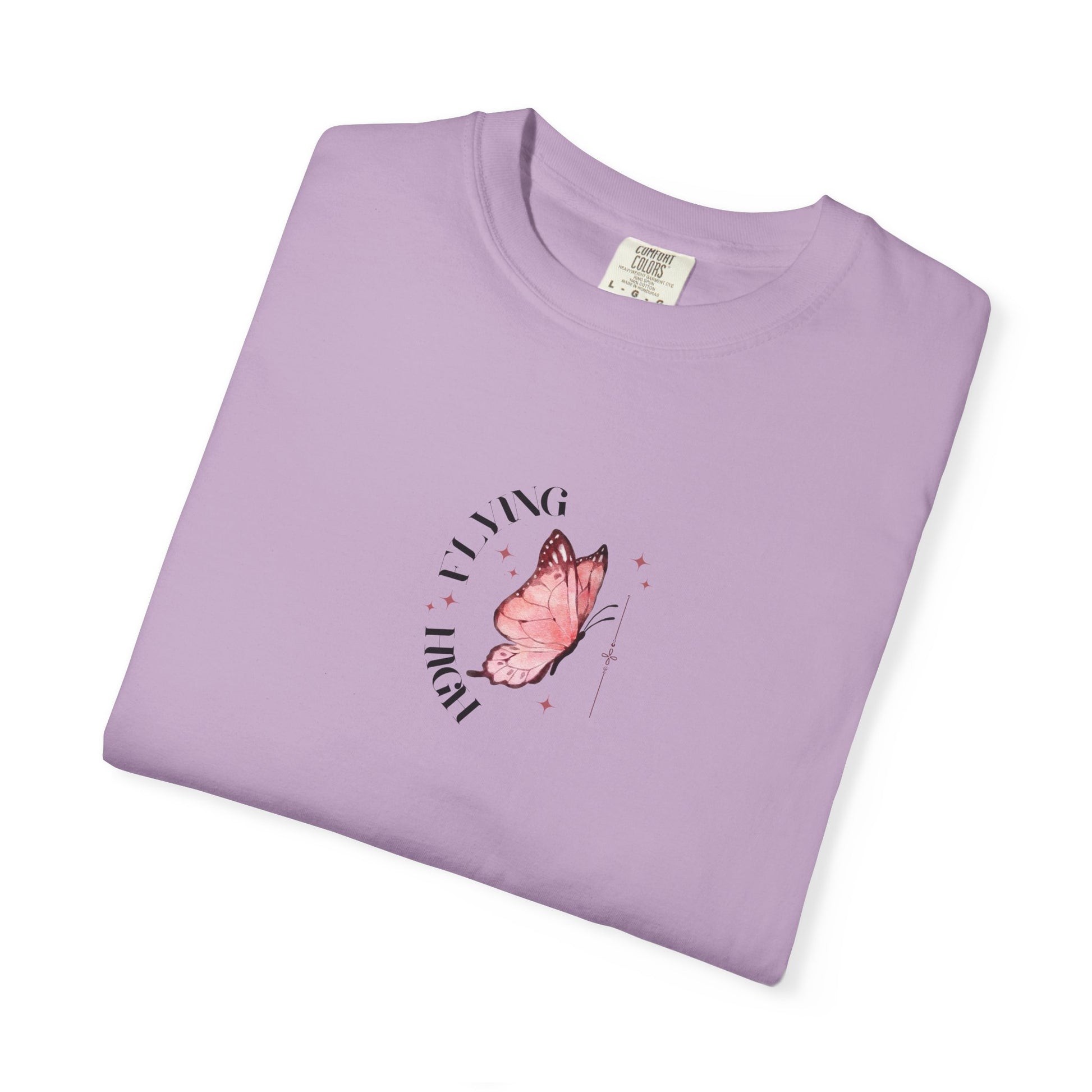 Folded Purple butterfly graphic t-shirt, nature-inspired casual summer tee.