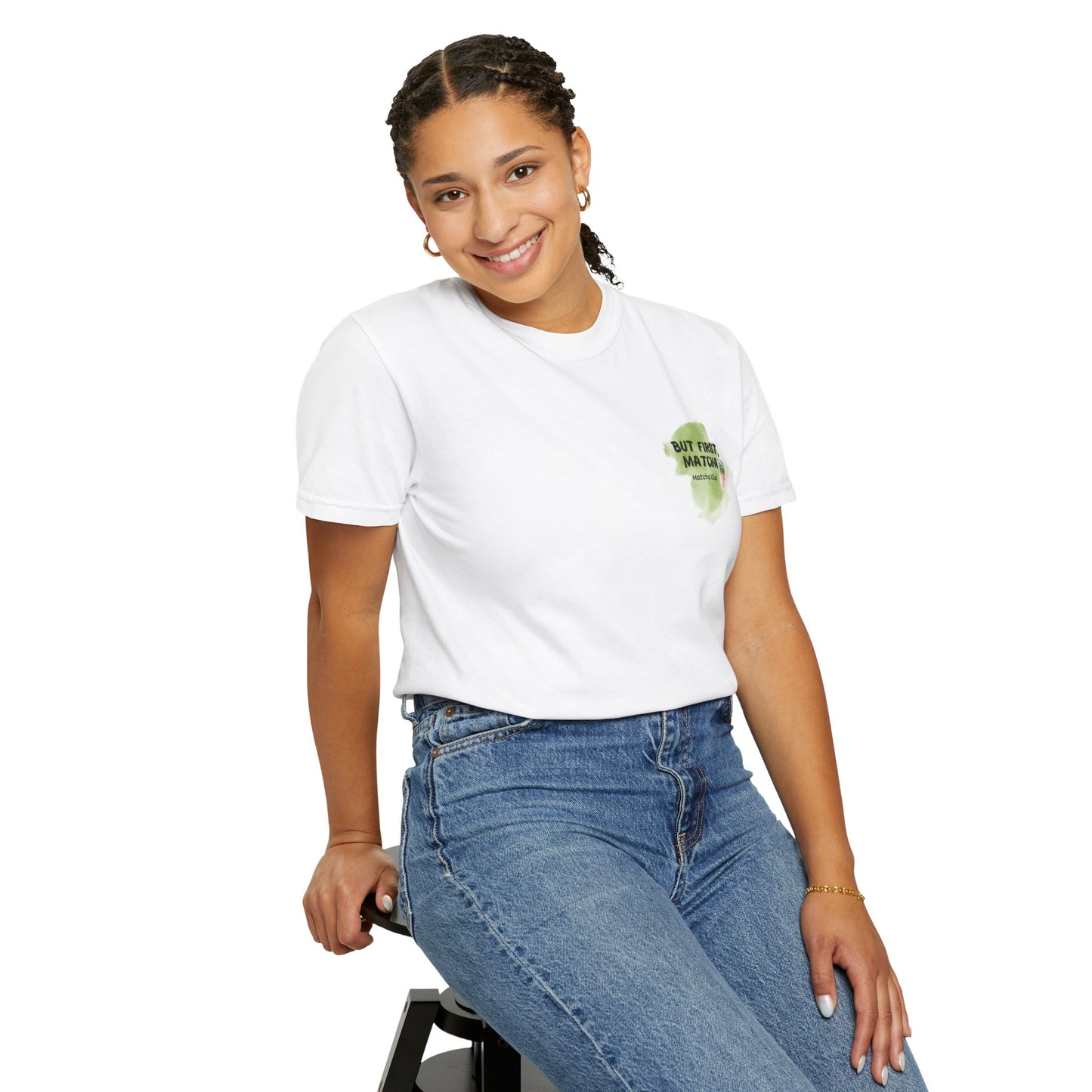 Person wearing But first, matcha T-Shirt in white – front view