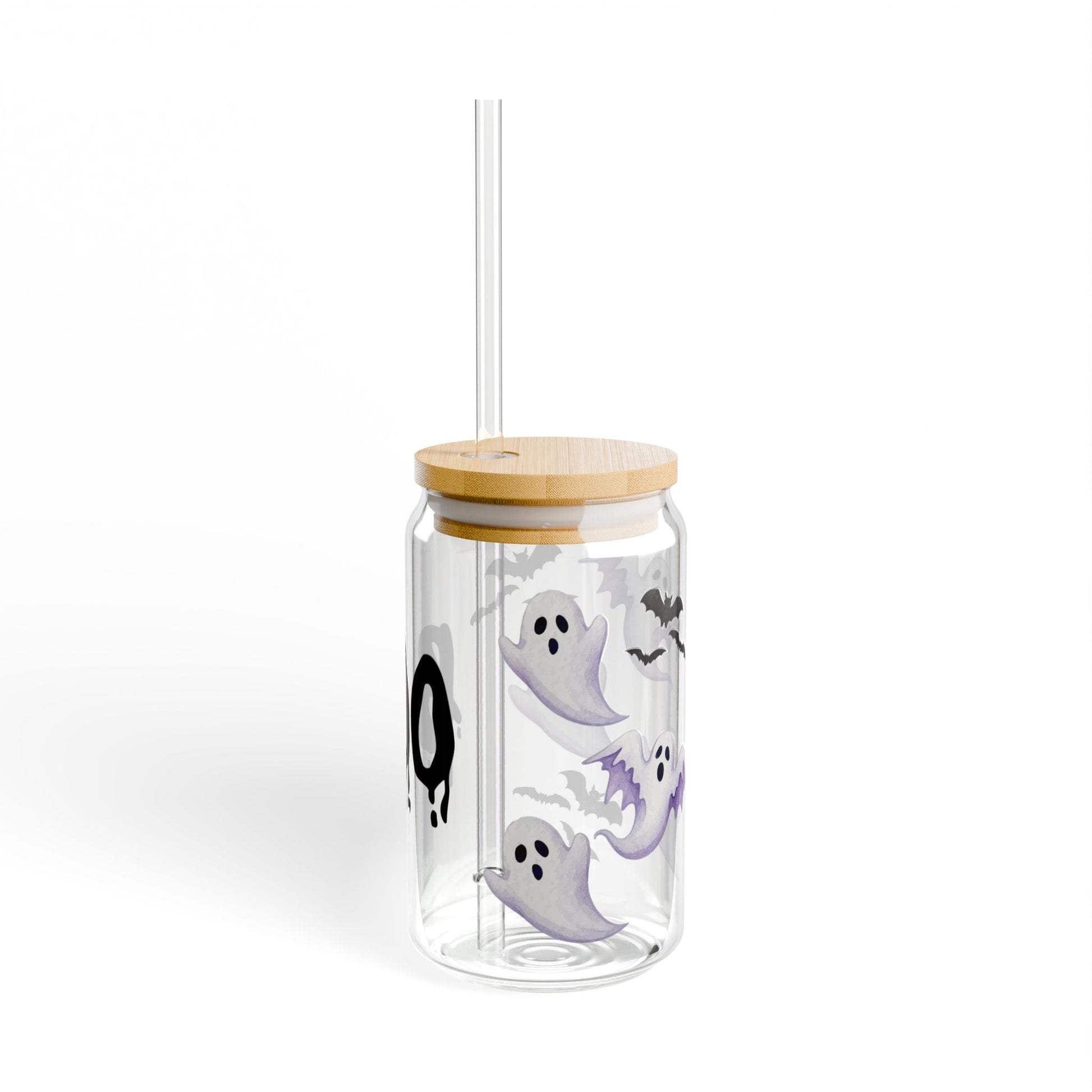 Back view of Halloween sipper glass – reusable bottle with seasonal print