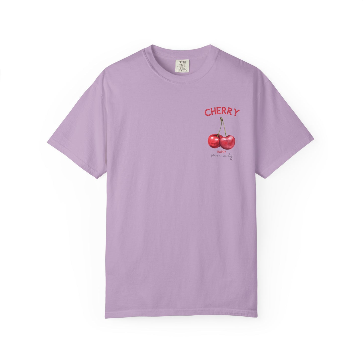 Orchid t-shirt with cherry fruit graphic design on the chest, cute summer outfit style.
