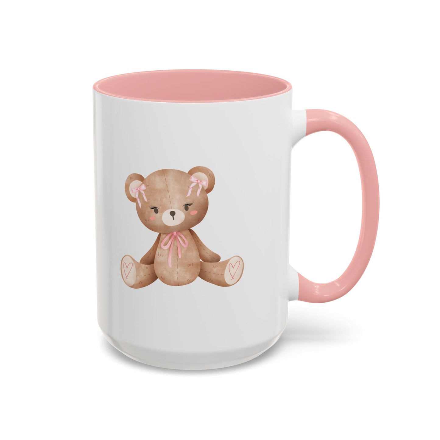 White mug with pink interior and handle featuring a teddy bear design on a white background - 15oz