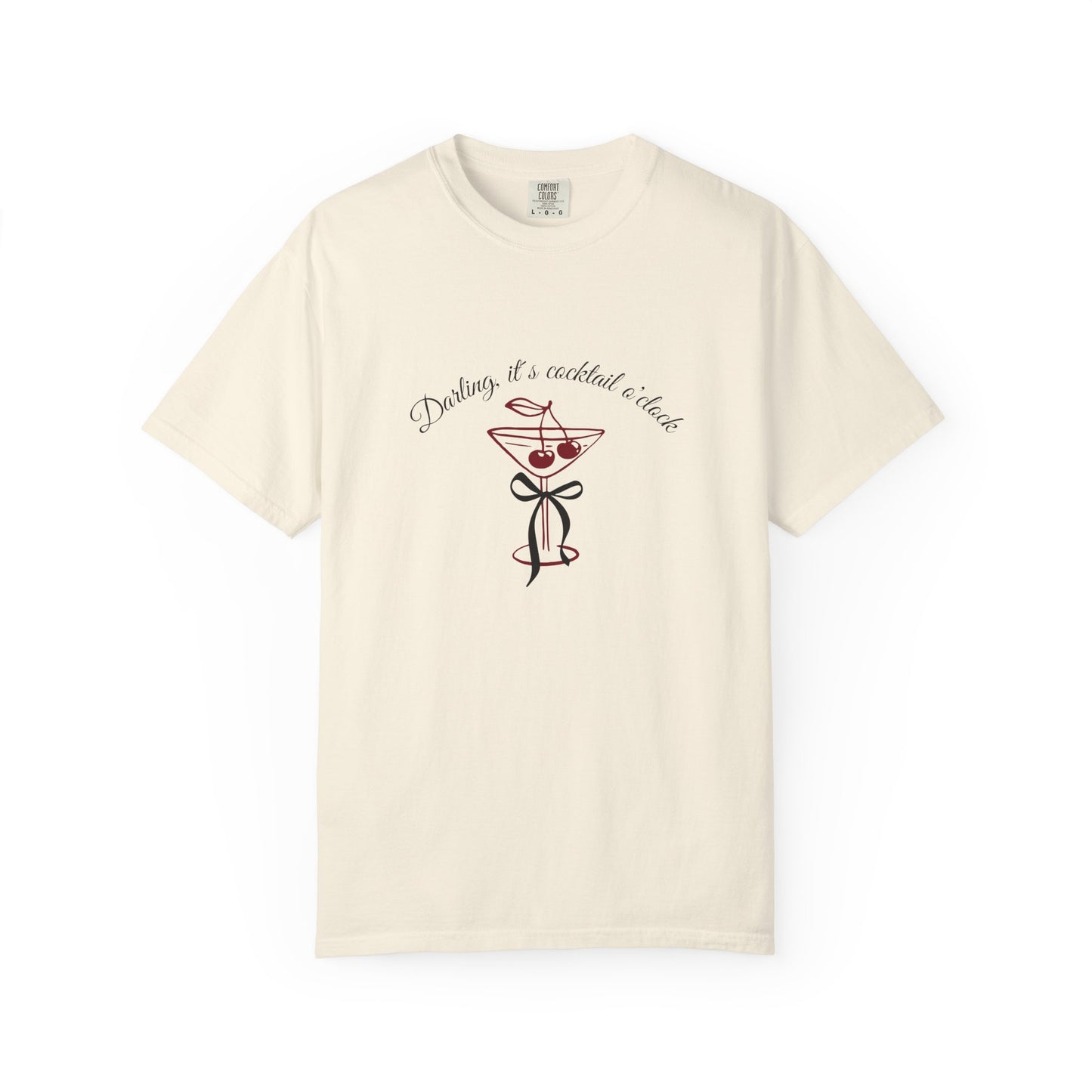 Ivory t-shirt with cocktail-themed design and text on a white background