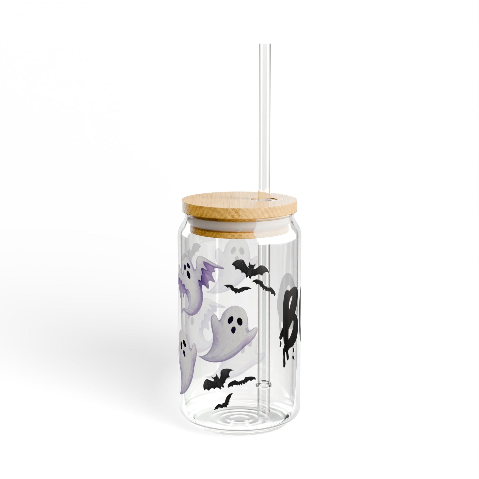 Back view of Halloween sipper glass – reusable bottle with seasonal print
