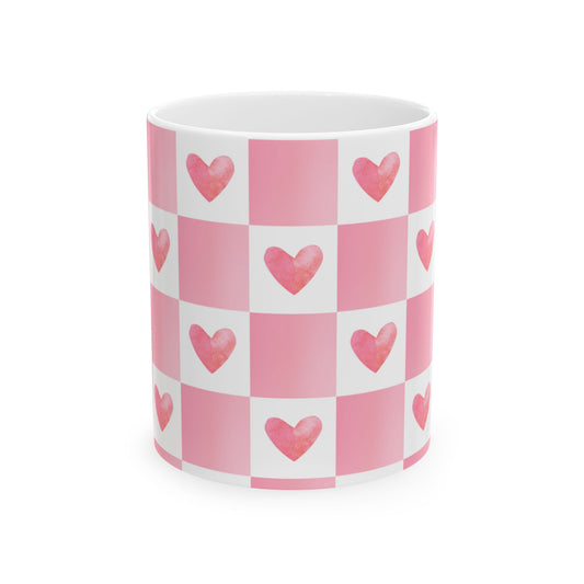 Pink ceramic mug with white heart pattern – romantic coffee cup