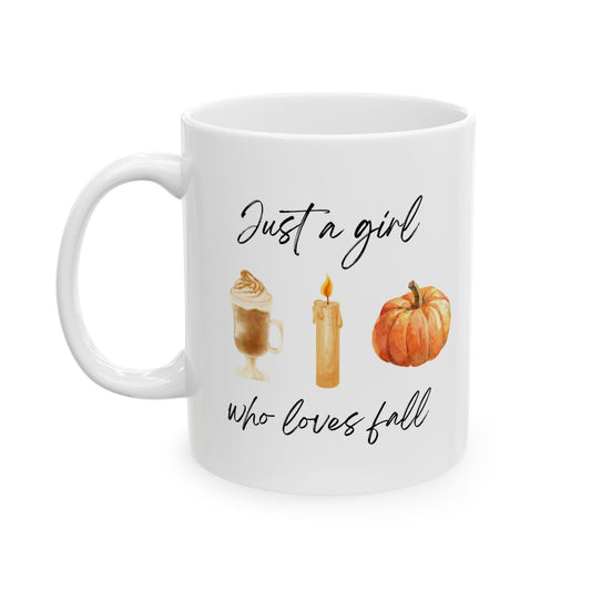 White ceramic fall lover mug with pumpkin and autumn leaf design