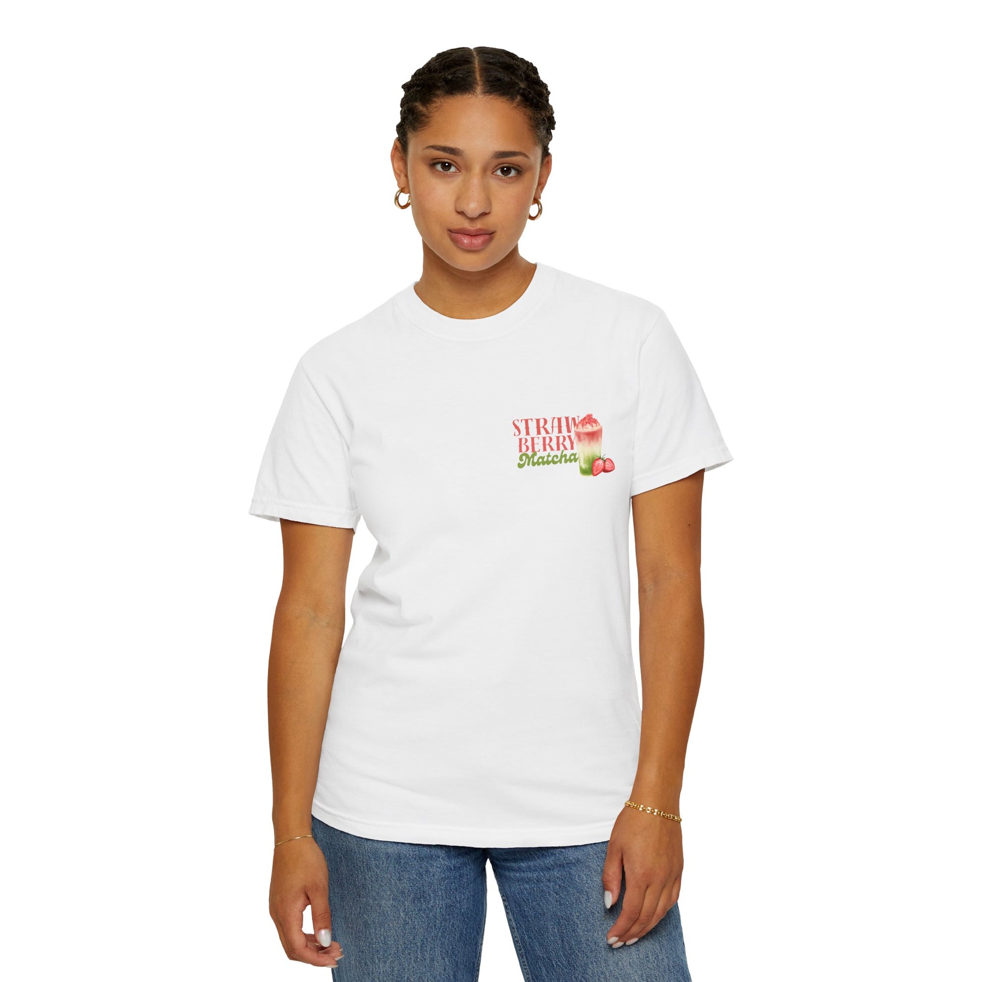 Women wearing white Strawberry Matcha T-Shirt – bold fruity graphic design