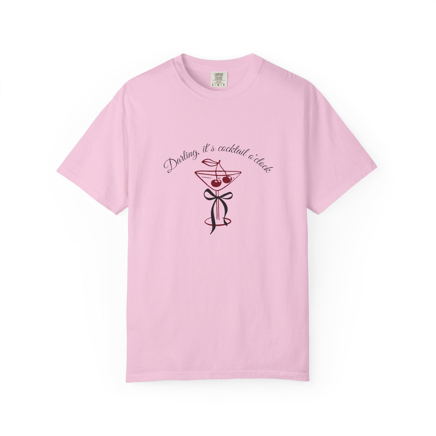 Blossom t-shirt with cocktail graphic and text on a white background