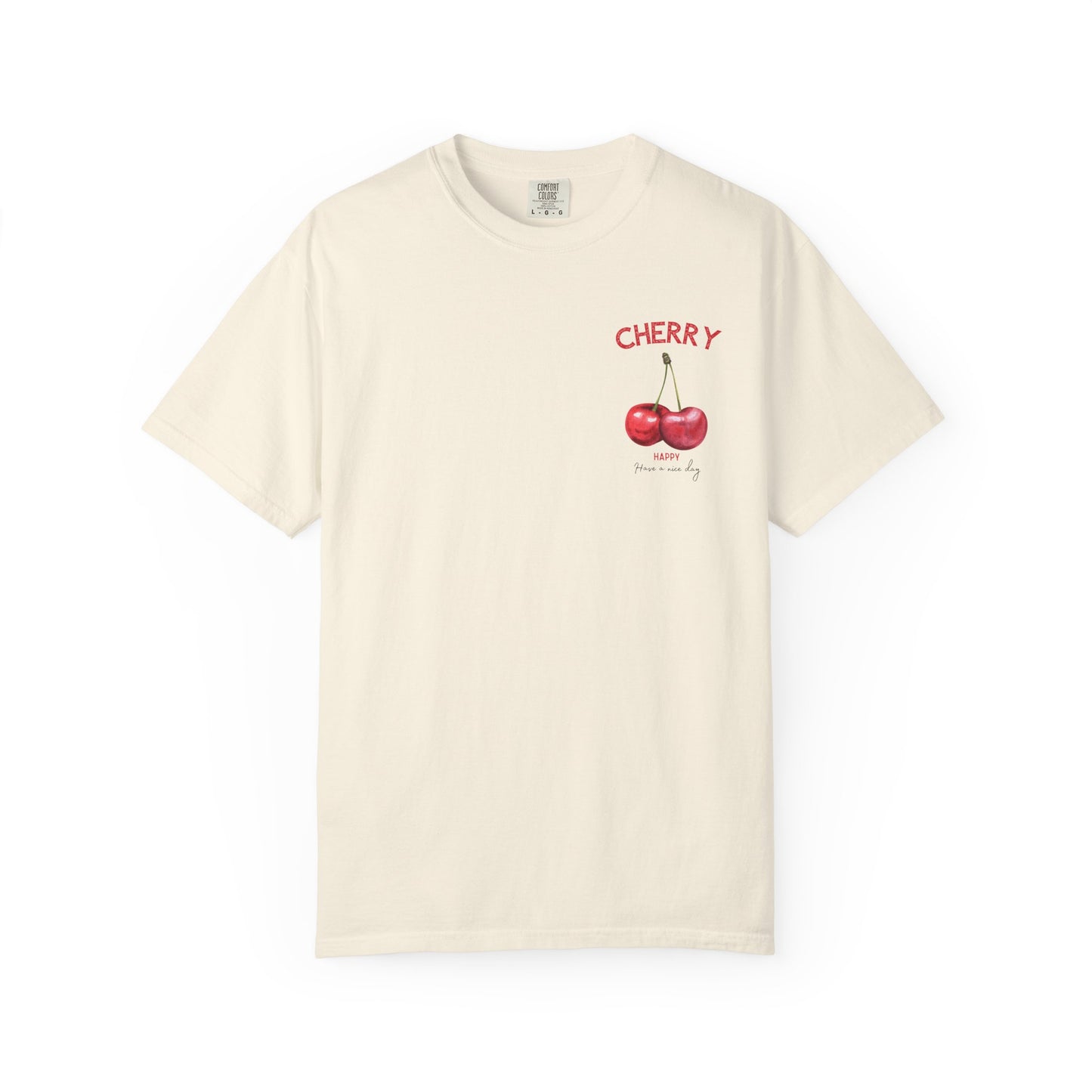 Ivory t-shirt with cherry fruit graphic design on the chest, cute summer outfit style.