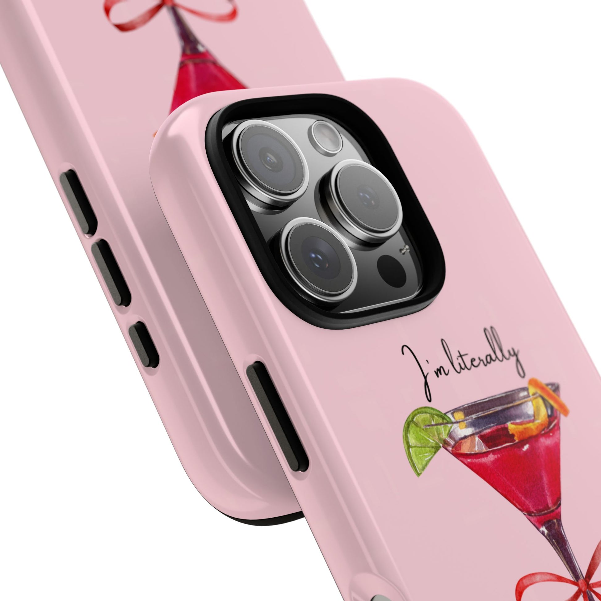 Trendy pink girl phone case with humorous quote and cocktail illustration, protective design.