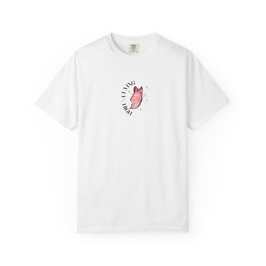White cotton t-shirt with small butterfly graphic on the chest, unisex casual tee.