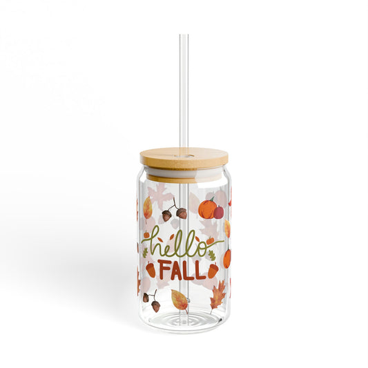 Trendy fall season sipper glass with seasonal print – durable water bottle