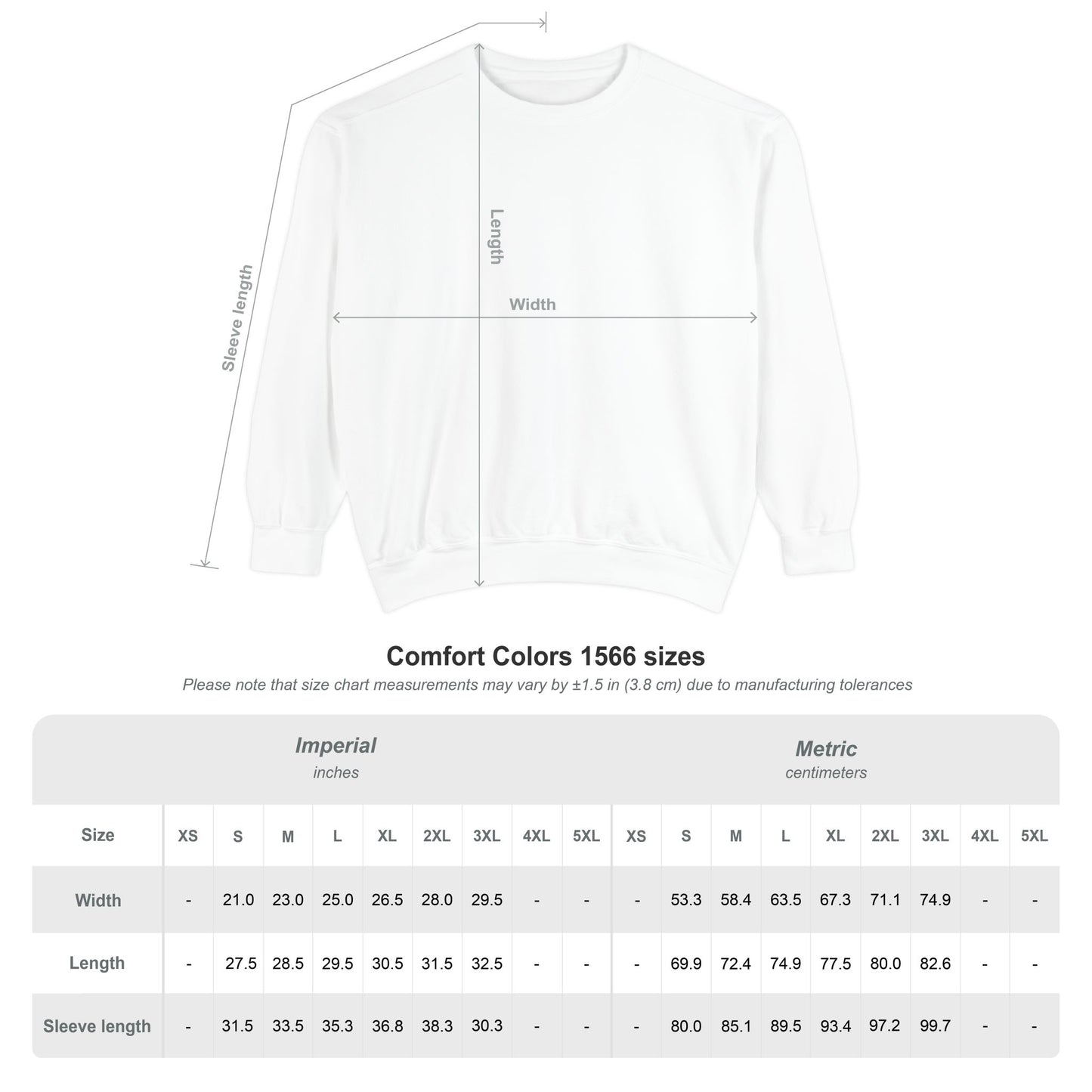 Size chart for cozy fall sweatshirt – unisex measurements in cm and inches