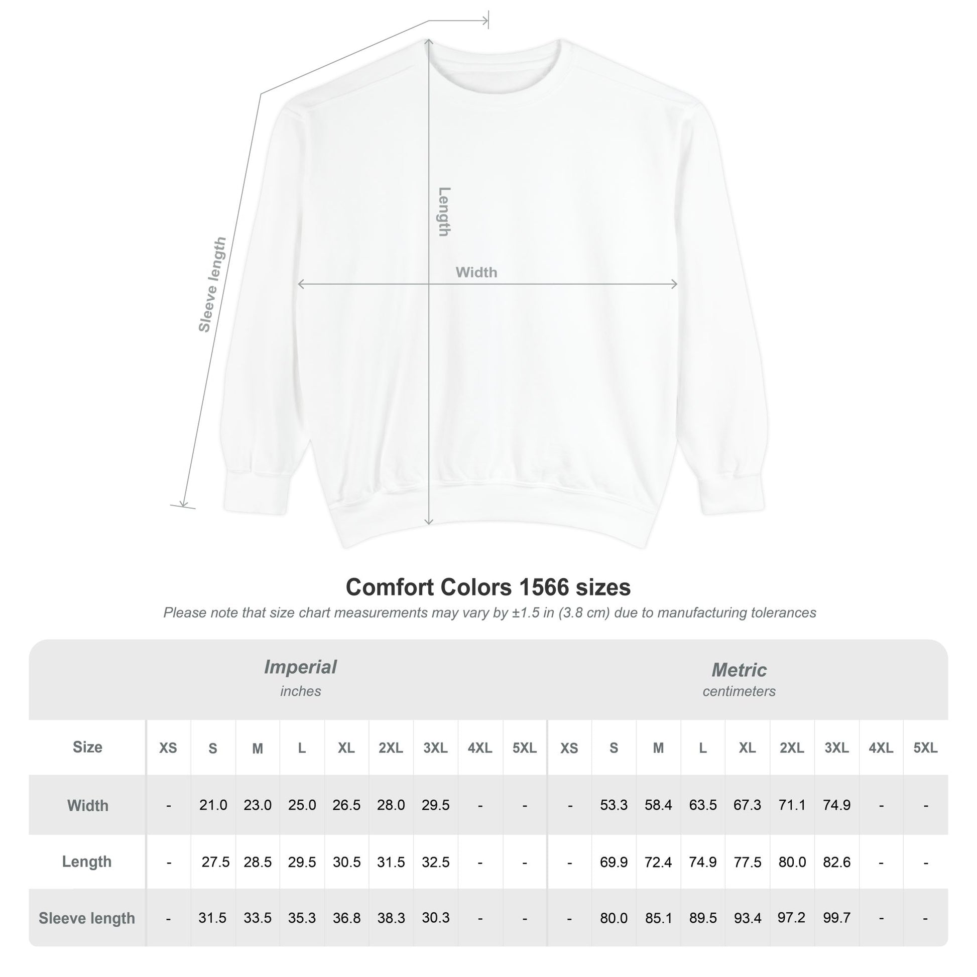 Size chart for cozy fall sweatshirt – unisex measurements in cm and inches