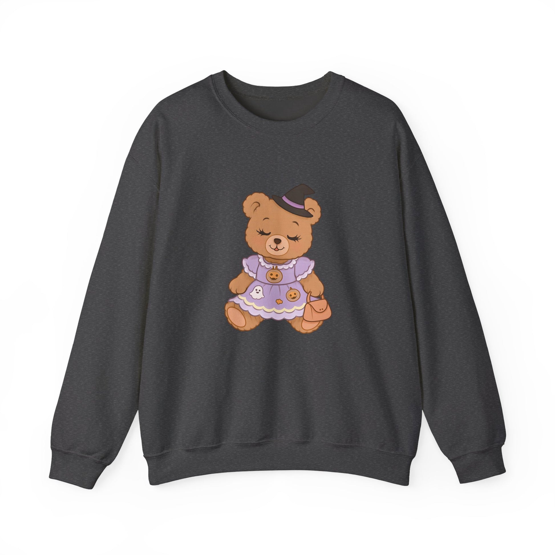Dark gray sweatshirt with a teddy bear design on a white background